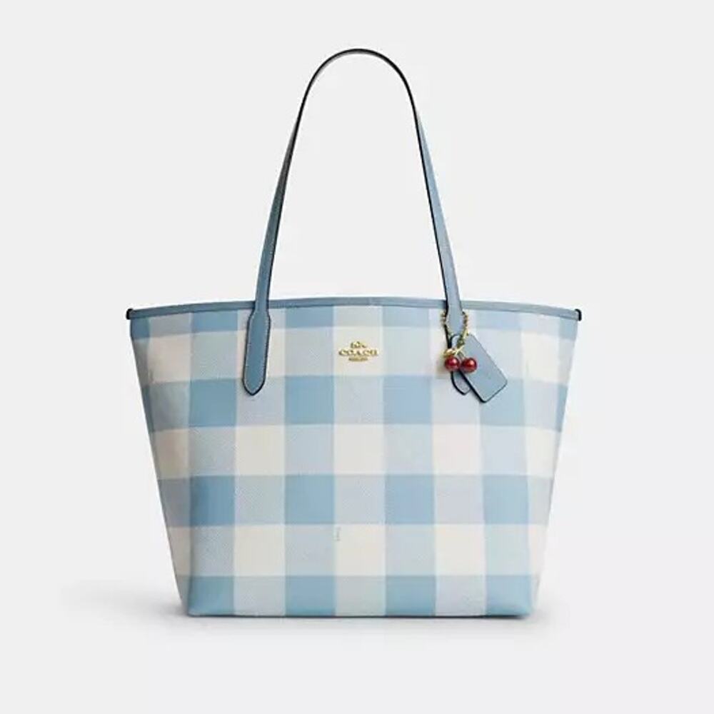 Coach City Tote Bag With Gingham Print And Charm CES64 canvas/Gold/Blue Multi - Picture 6 of 6
